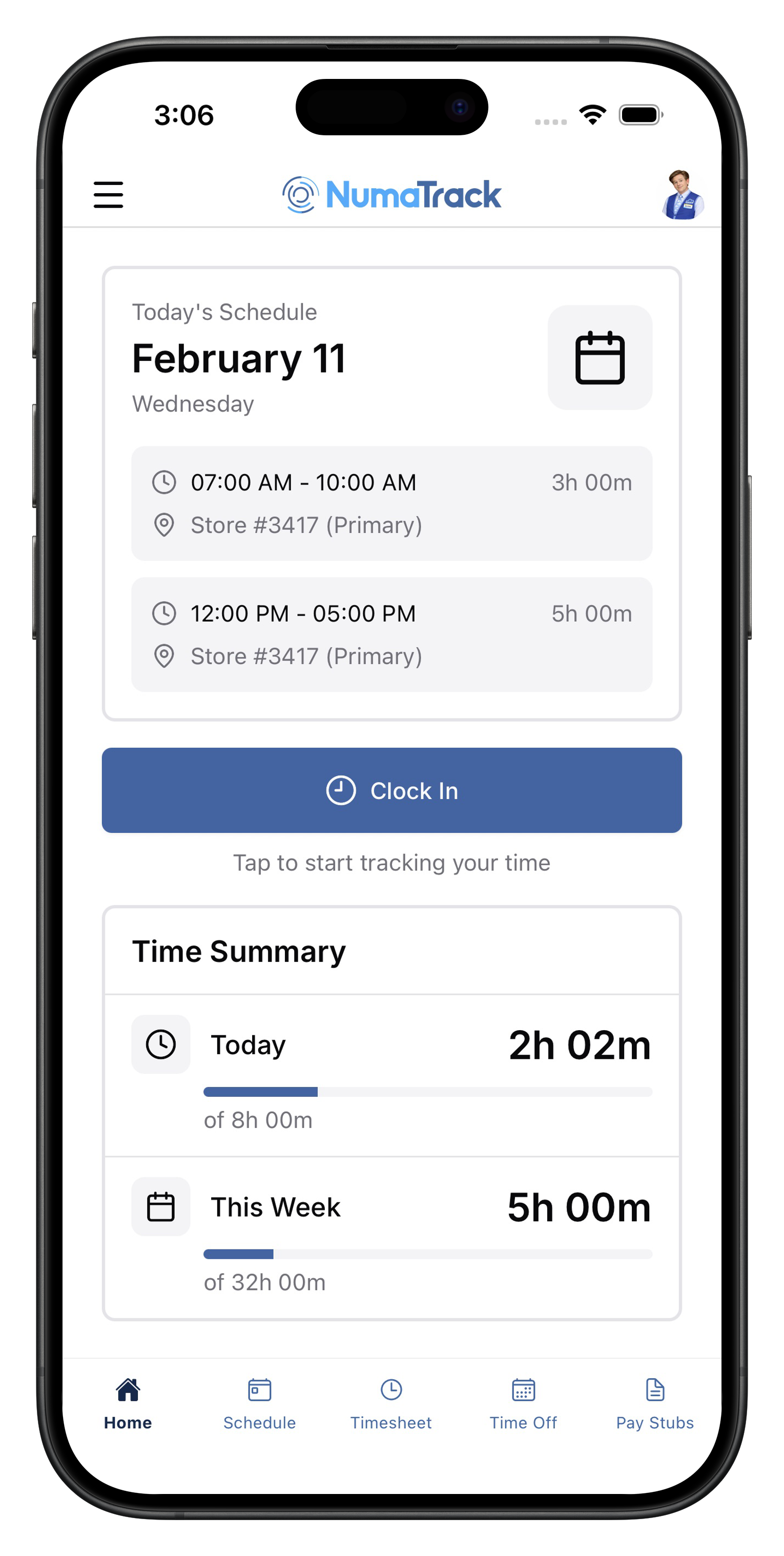 NumaTrack mobile app showing today's schedule, clock in, and time summary