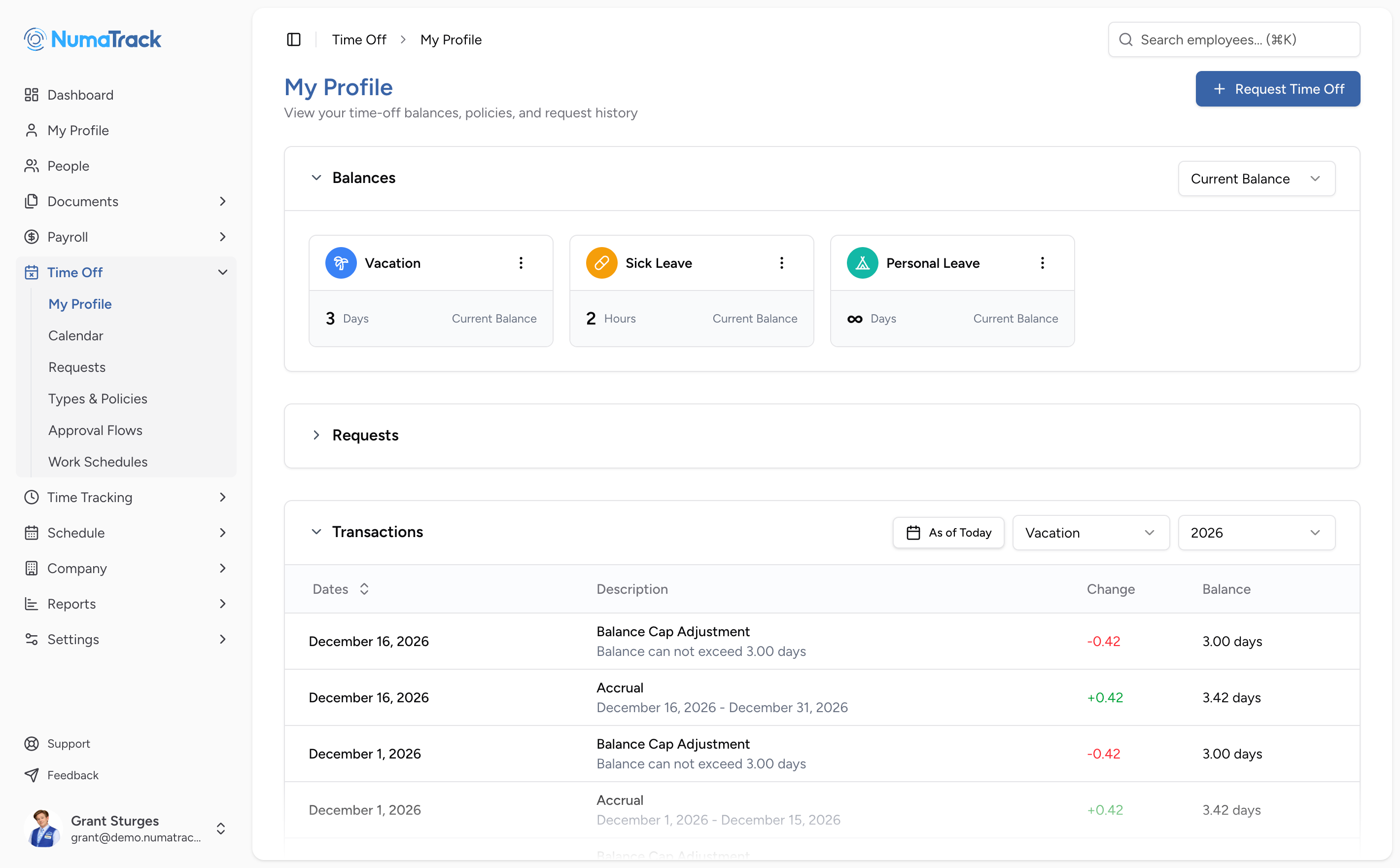NumaTrack Time Off dashboard
