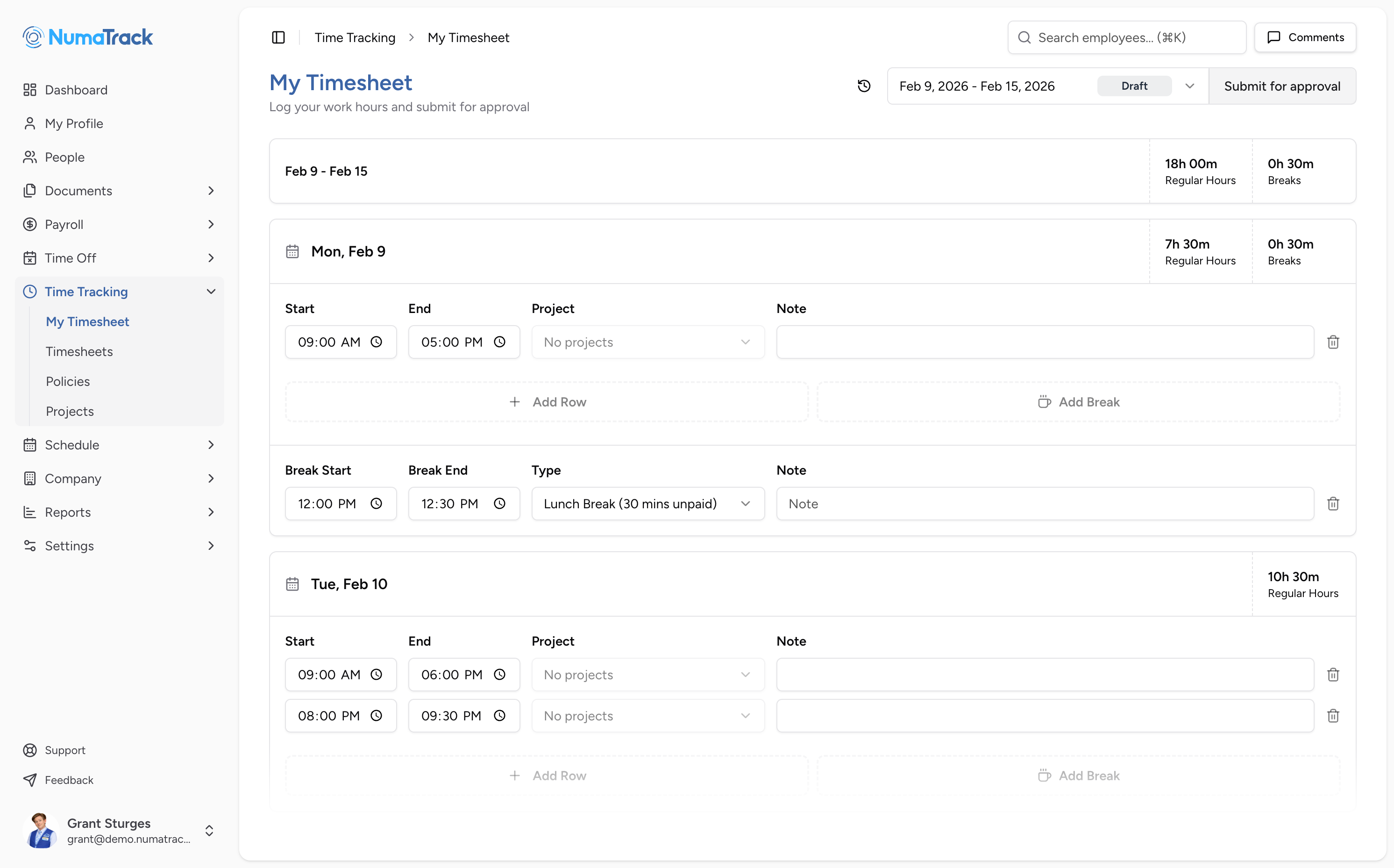 NumaTrack Time Tracking dashboard